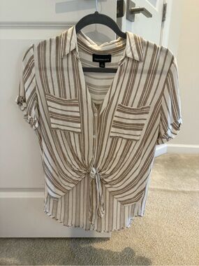 Taupe and White Striped Tie-Front Shirt